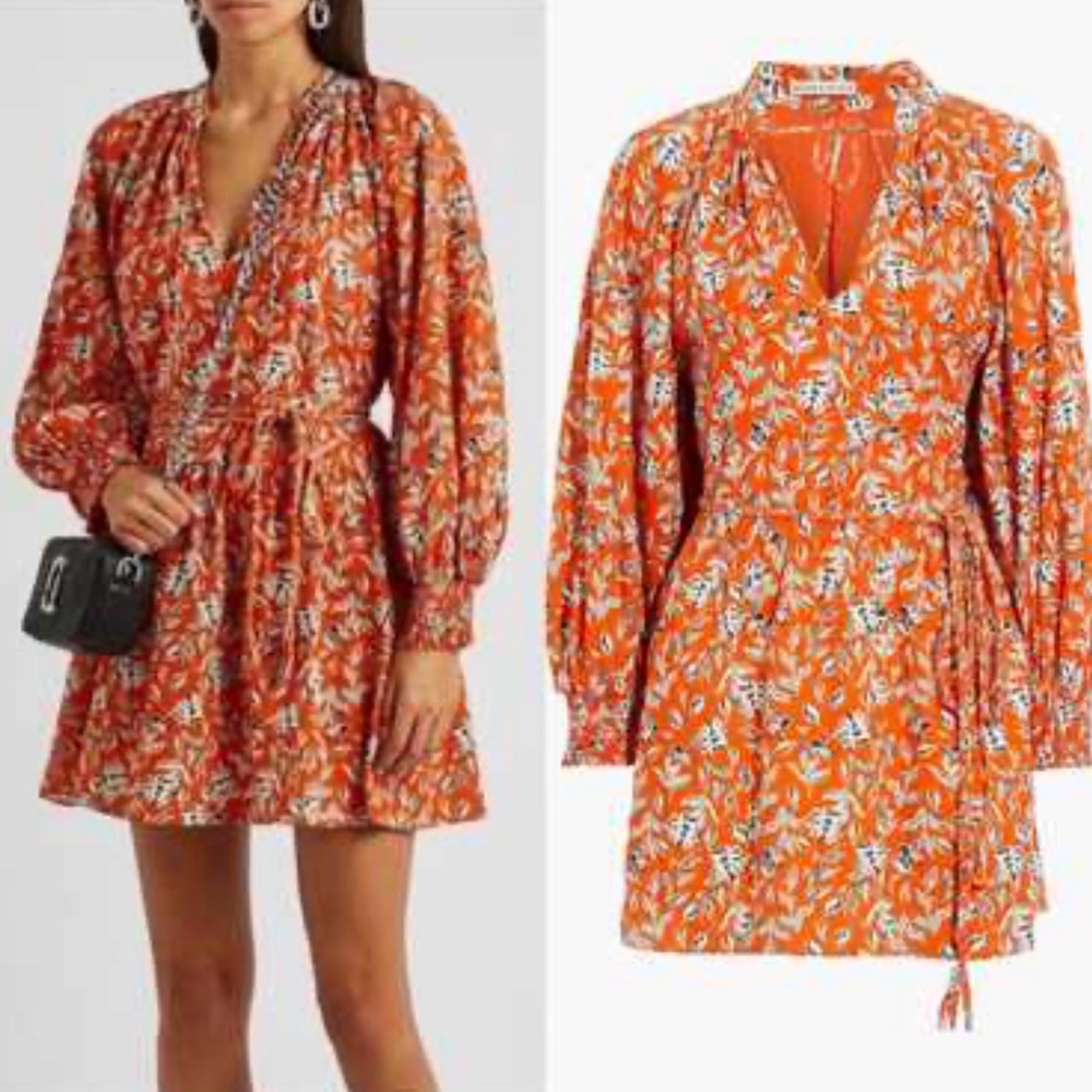 Alice + Olivia Orange Wrap Midi Linen Print Dress S Size 6